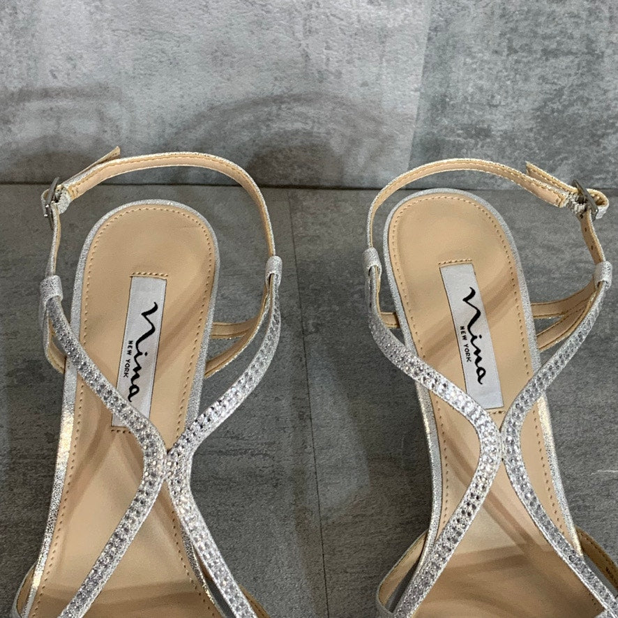 NINA Silver Metallic Fabric Blossom Crystal Embellished Strappy Heels SZ 10