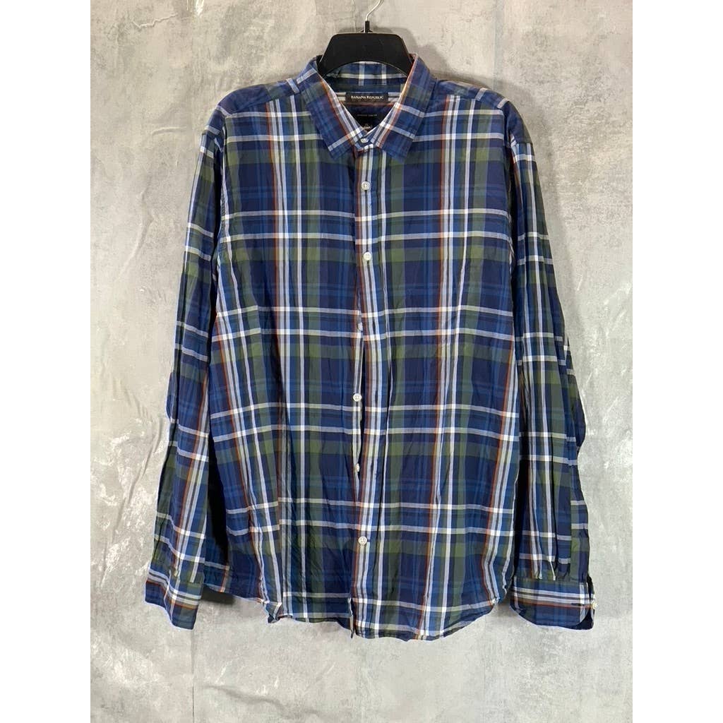 BANANA REPUBLIC Men's Navy/Green Untucked Slim-Fit Button-Up Flannel Shirt SZ XL