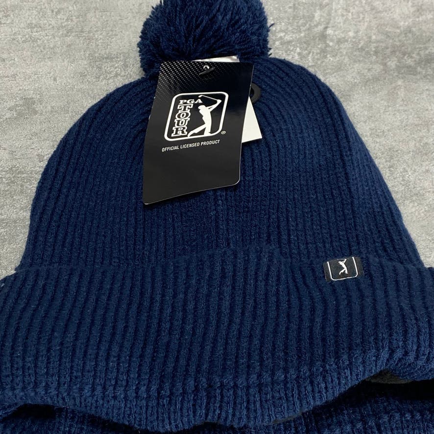 PGA TOUR Navy Pom Ribbed Fleece-Lined Knit Beanie SZ OS