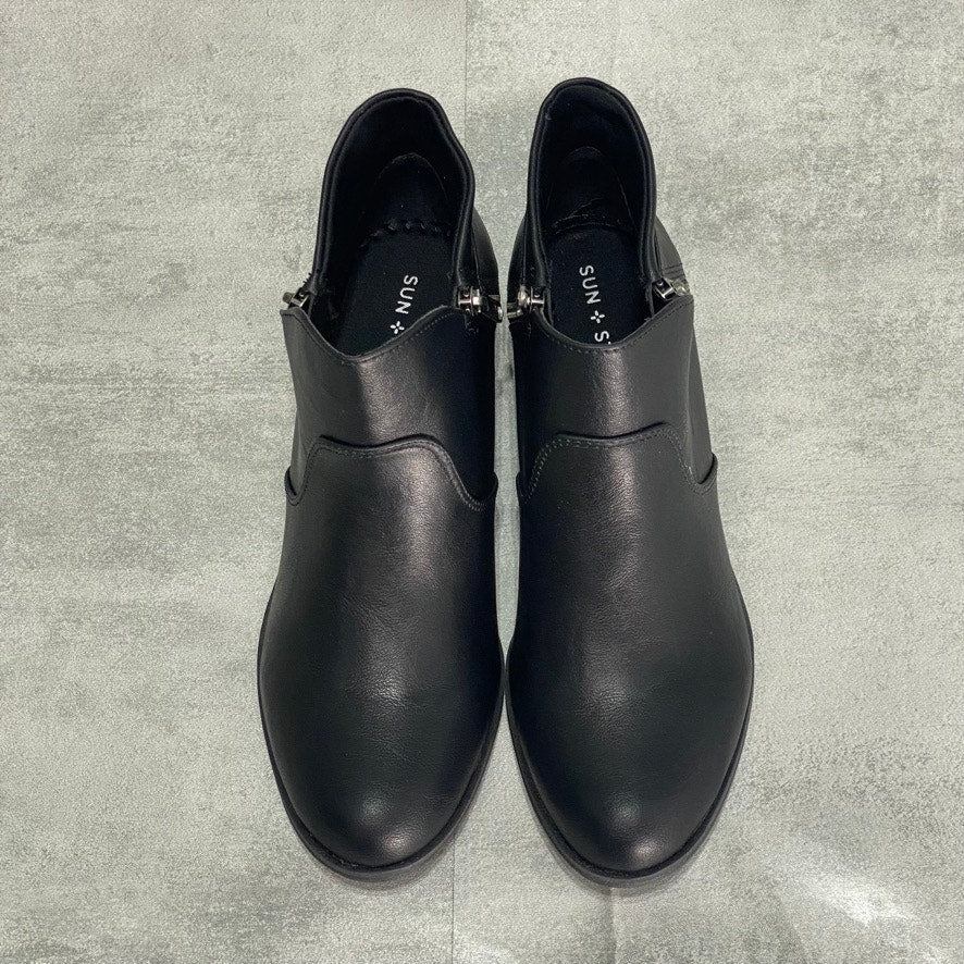 SUN + Stone Black Double Zip Block Heel Ankle Booties SZ 9