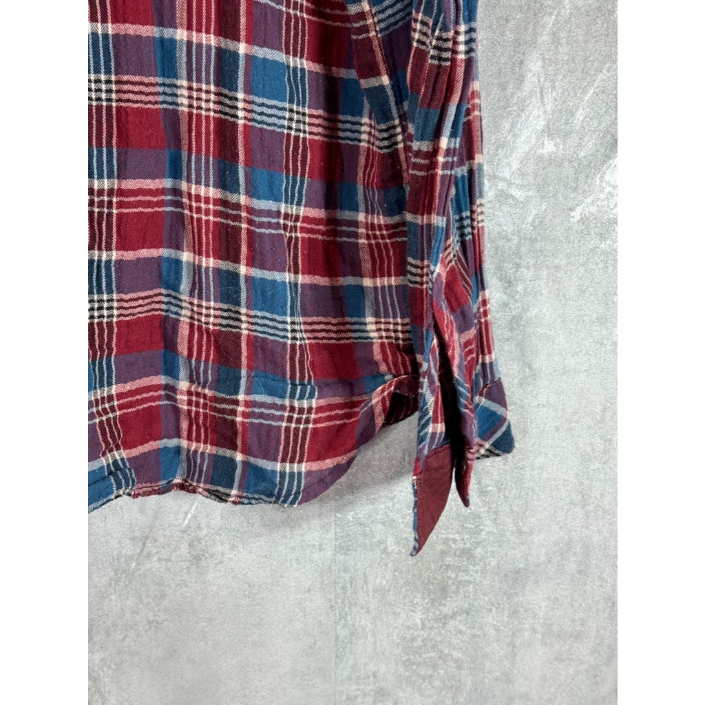 KUT FROM THE KLOTH Women's Burgundy/Blue Plaid Button-Up Flannel Top SZ L