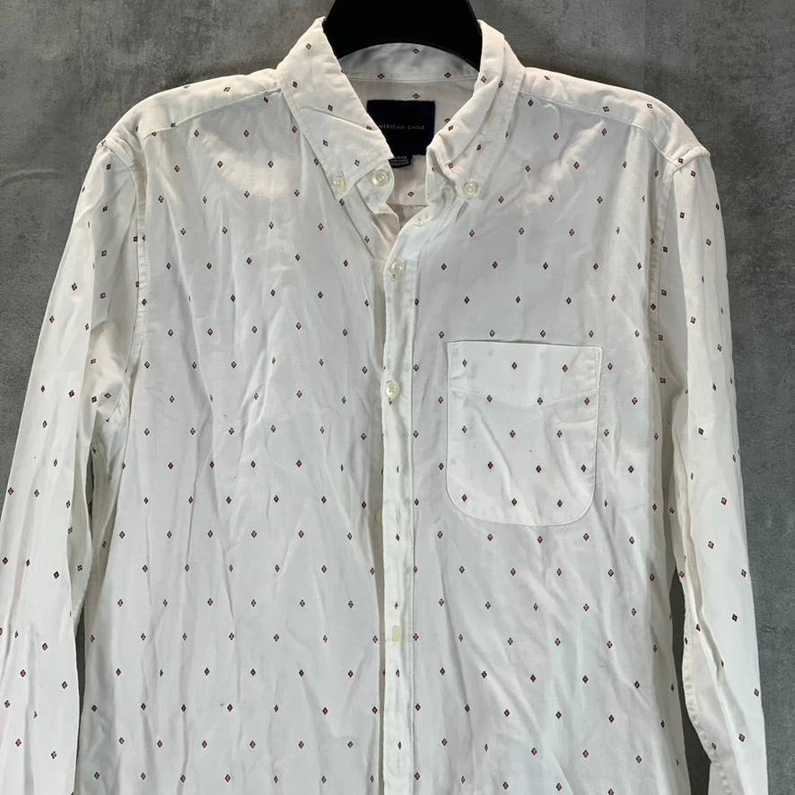 AMERICAN EAGLE Men's White Geometric Print Button-Up Long-Sleeve Shirt SZ S