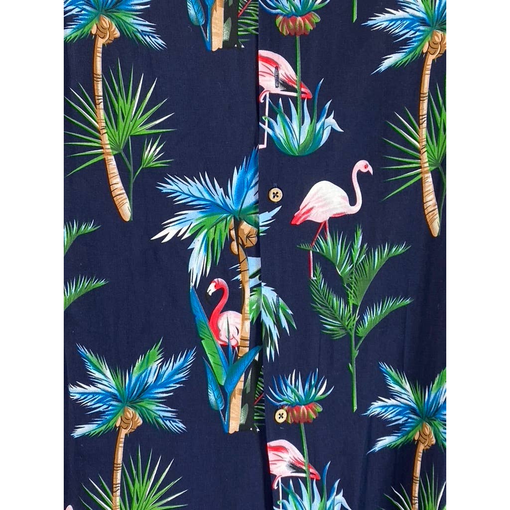 ALEX VANDO Men's Navy Flamingo Hawaiian Button-Up Short Sleeve Shirt SZ S