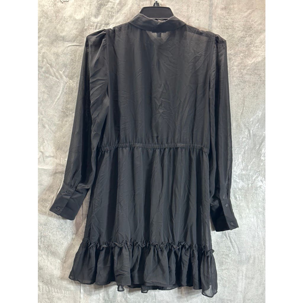 BAR III Women's Deep Black Chiffon Ruffled Tie-Waist Mini Long Sleeve Dress SZXL