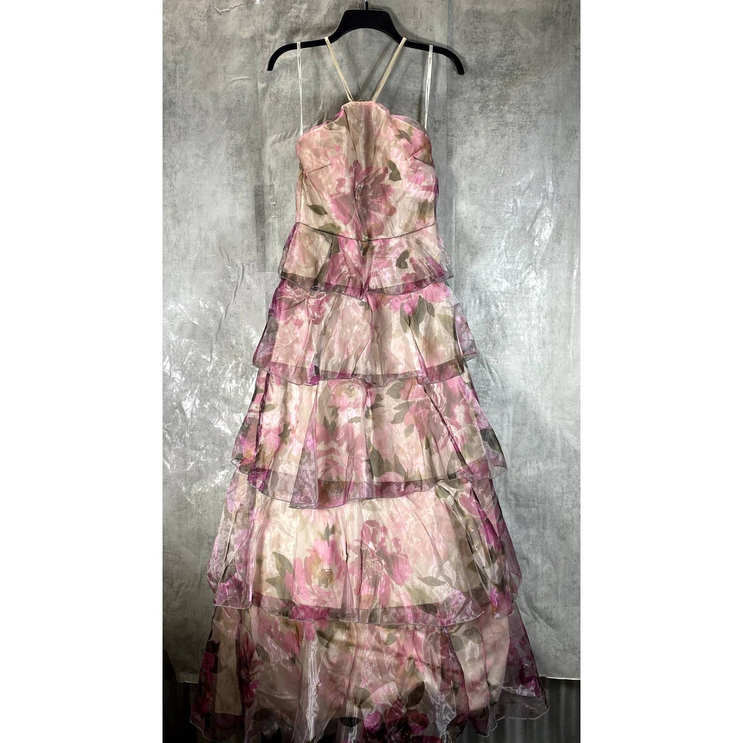 SPEECHLESS Juniors' Grey/Fuchsia Organza Floral-Print Tiered Halter Dress SZ 9