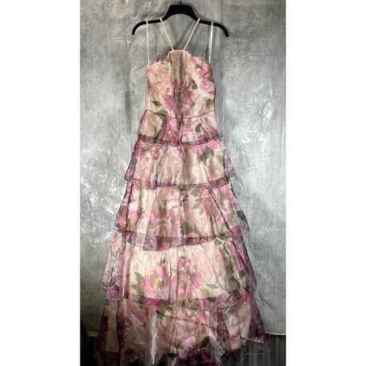 SPEECHLESS Juniors' Grey/Fuchsia Organza Floral-Print Tiered Halter Dress SZ 9