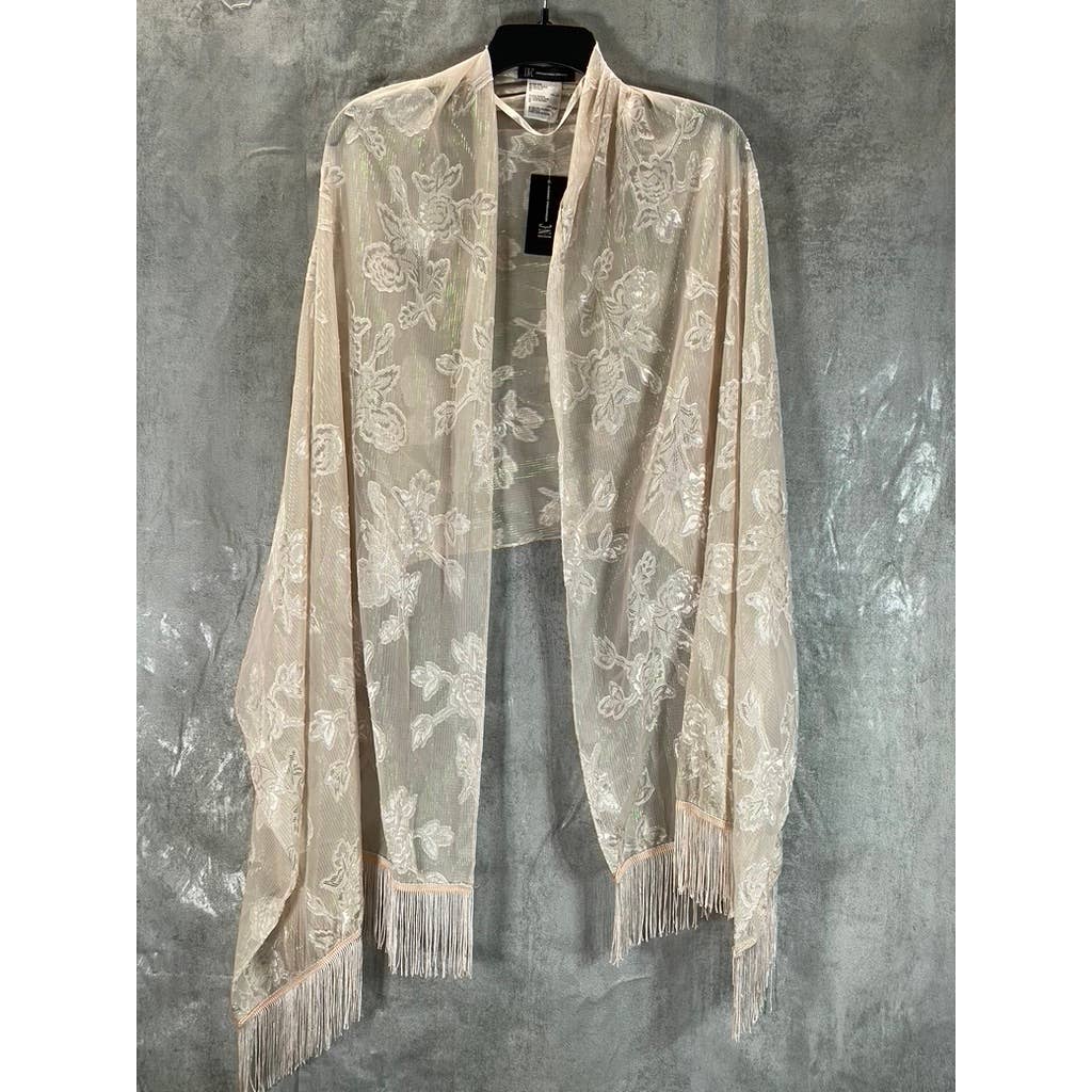 INC Women's Blush Floral-Print Sheer Metallic Fringe-Trim Wrap SZ OS