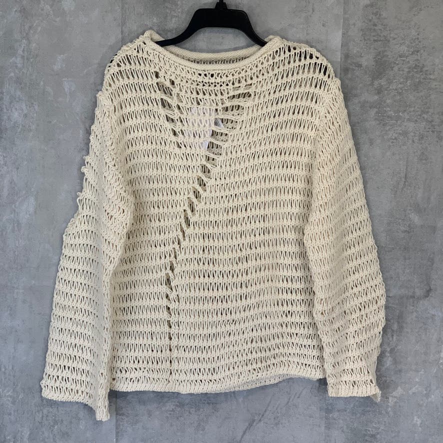 TOPSHOP Cream Distressed Crewneck Long Sleeve Pullover Jumper Sweater SZ 6