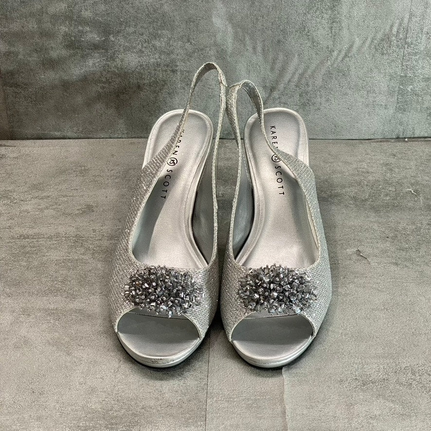 KAREN SCOTT Women's Silver Glitter Embellished Breena Peep-Toe Slingback Pumps SZ 10