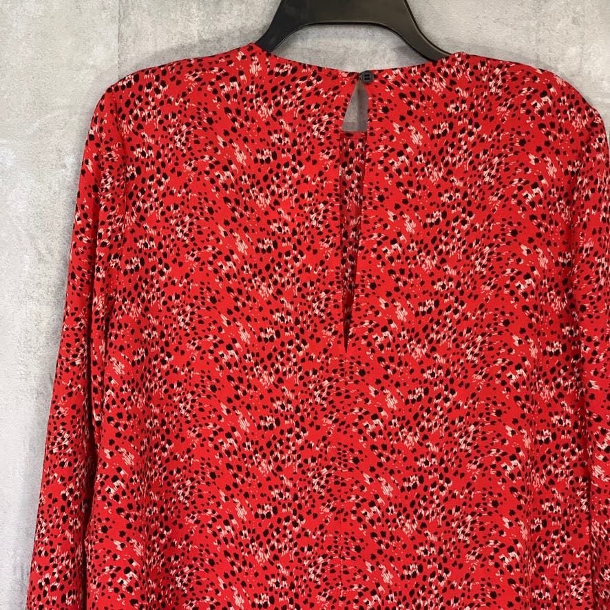 TOPSHOP Red Printed Round Neck Long Sleeve Ruffle Mini Dress SZ 8