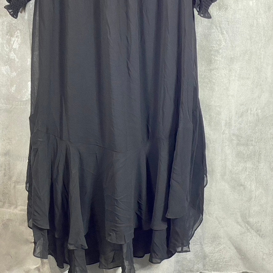 1. STATE Women's Black Split-Neck Smocked Hi-Low Long Blouson Sleeves Dress SZ M