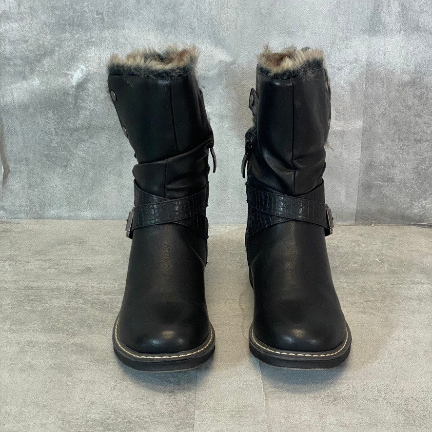GC. SHOES Black Bailey Faux Fur Inside Zip Round-Toe Block Heel Boots SZ 6