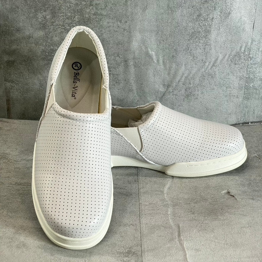 BELLA-VITA Women's Extra Wide White Leather Perforated Maribel Slip-On Sneakers
