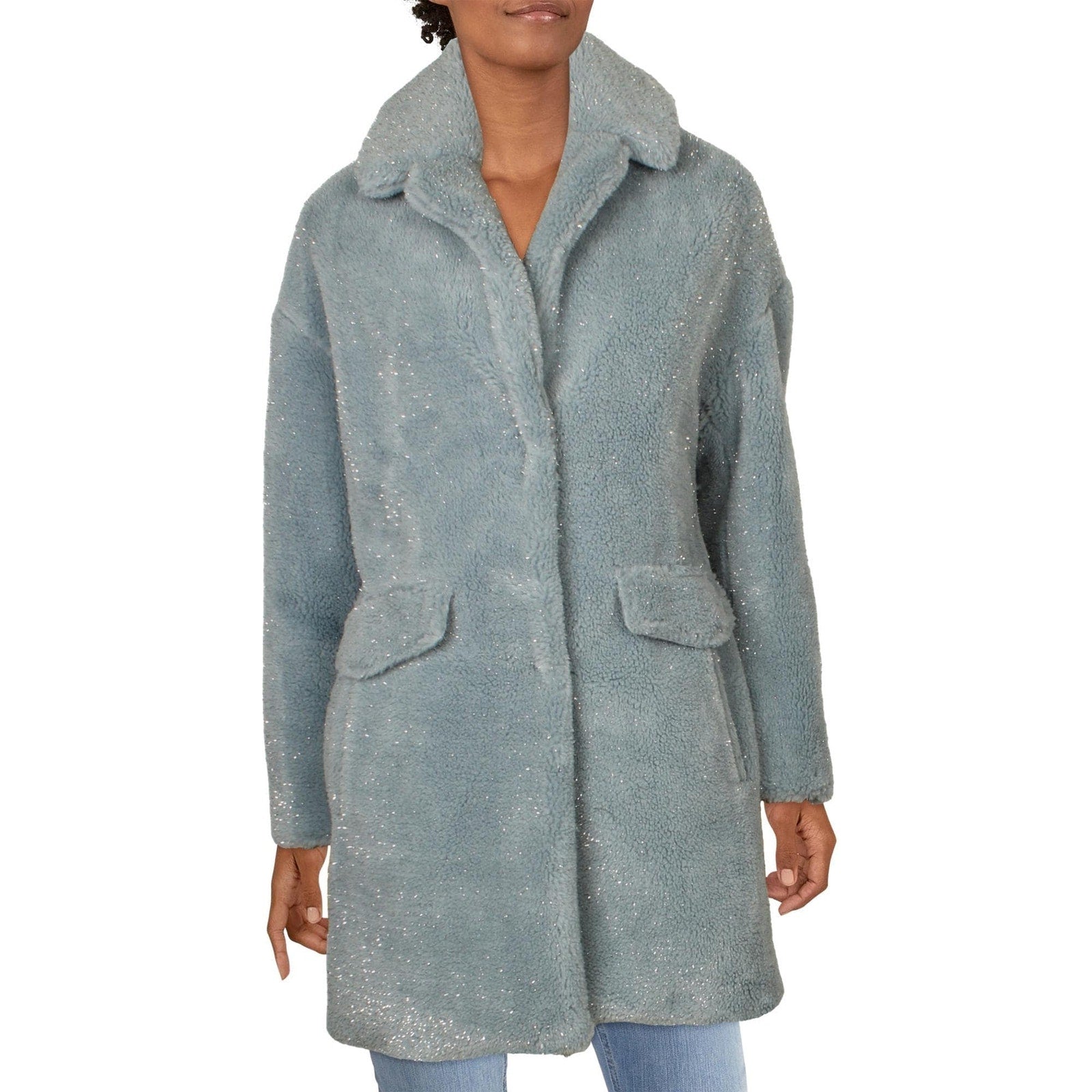 BCBGeneration Baby Blue Lurex Faux Fur Speckled Mid-Length Teddy Coat SZ M