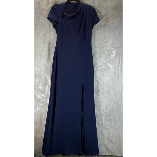 BESTY & ADAM Women's Navy Asymmetrical Pleat Neck Split Hem Maxi Gown SZ 8