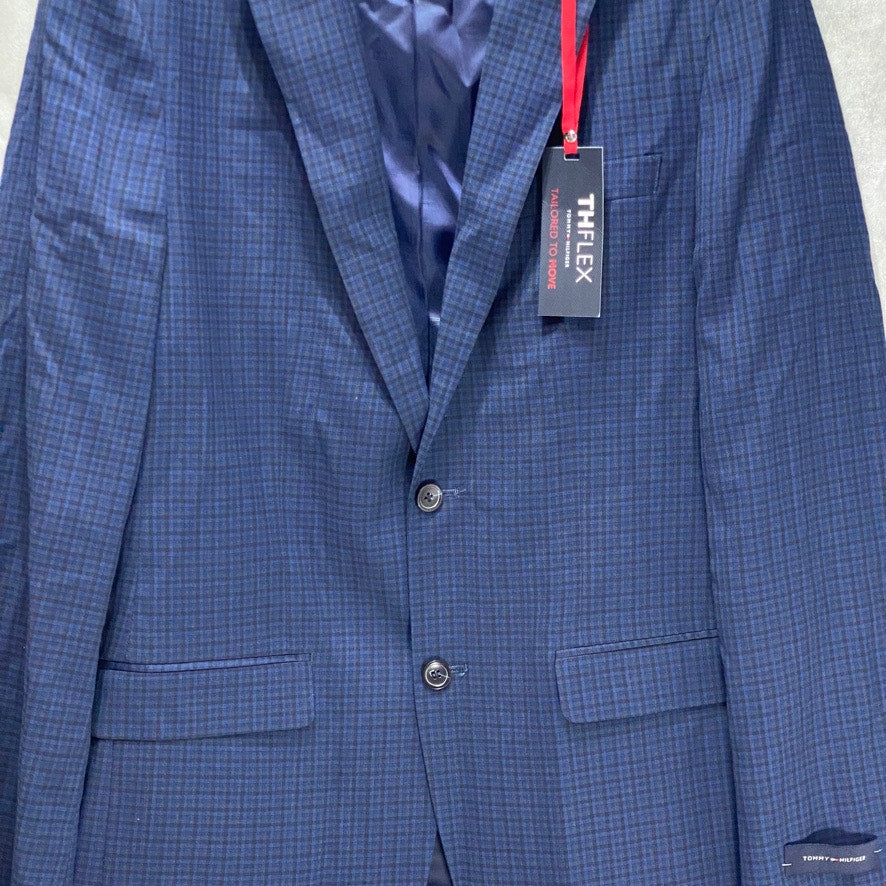 TOMMY HILFIGER TH Flex Blue Modern-Fit Mini Gingham Long Suit Jacket SZ 40L