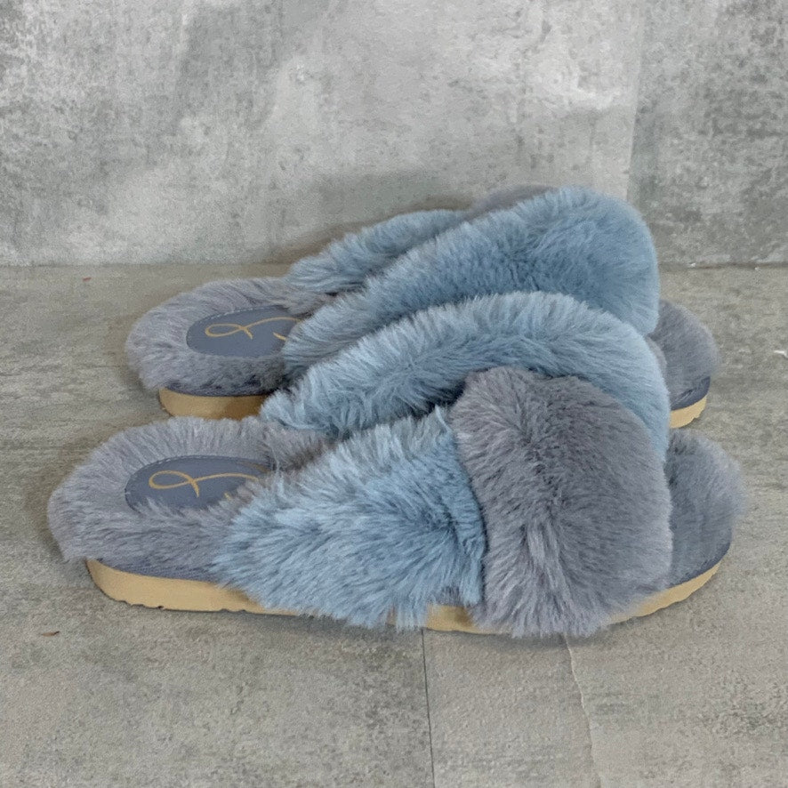 SAM EDELMAN Blue Grey Faux Fur Cross Band Jaley Slip-On Slippers SZ 7