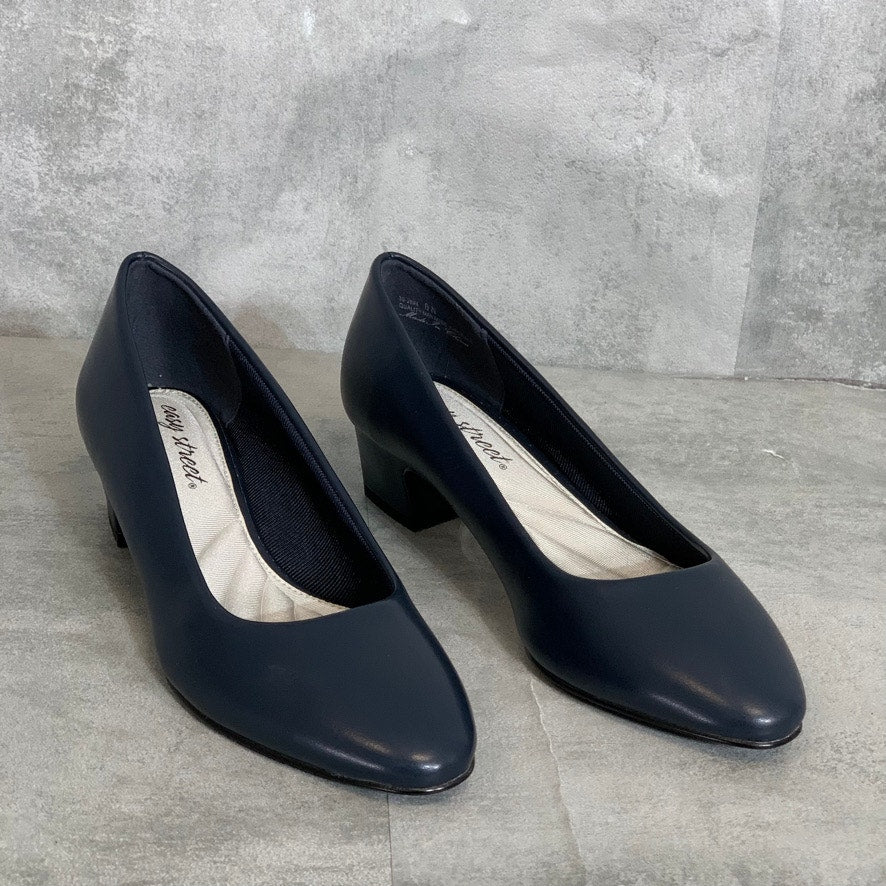 EASY STREET Narrow Width Navy Prim Slip-On Almond-Toe Block Heel Pumps SZ 8N