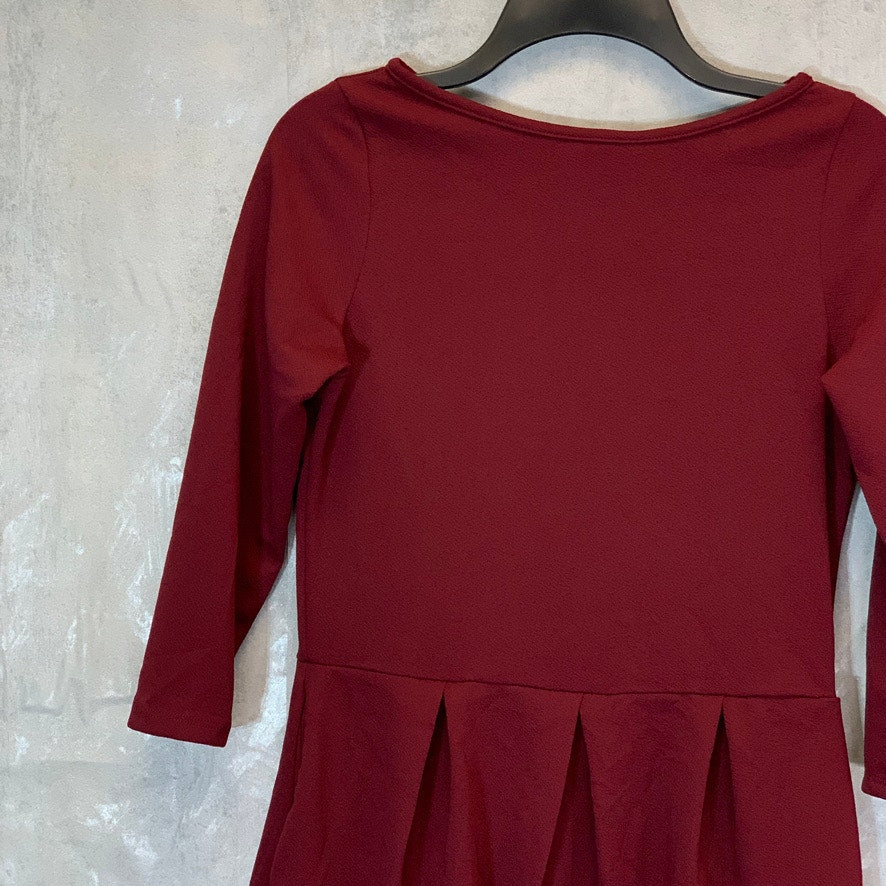 24/7 COMFORT APPAREL Women's Burgundy 3/4 Sleeve Fit & Flare Two-Pocket Mini Dress SZ M