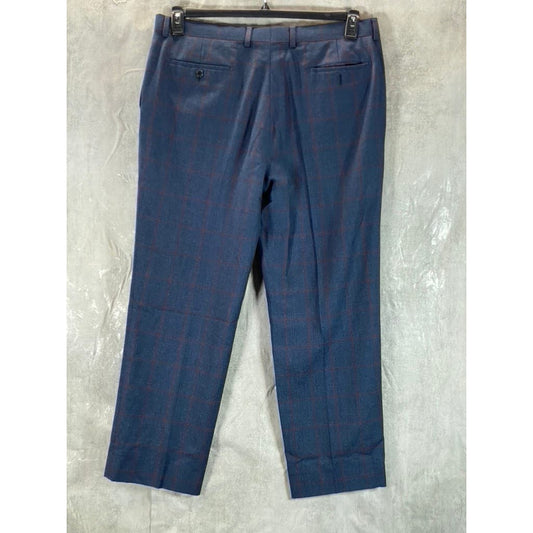 UNBRANDED Men's Blue Windowpane Straight-Leg Flat-Front Dress Pants SZ 38x30