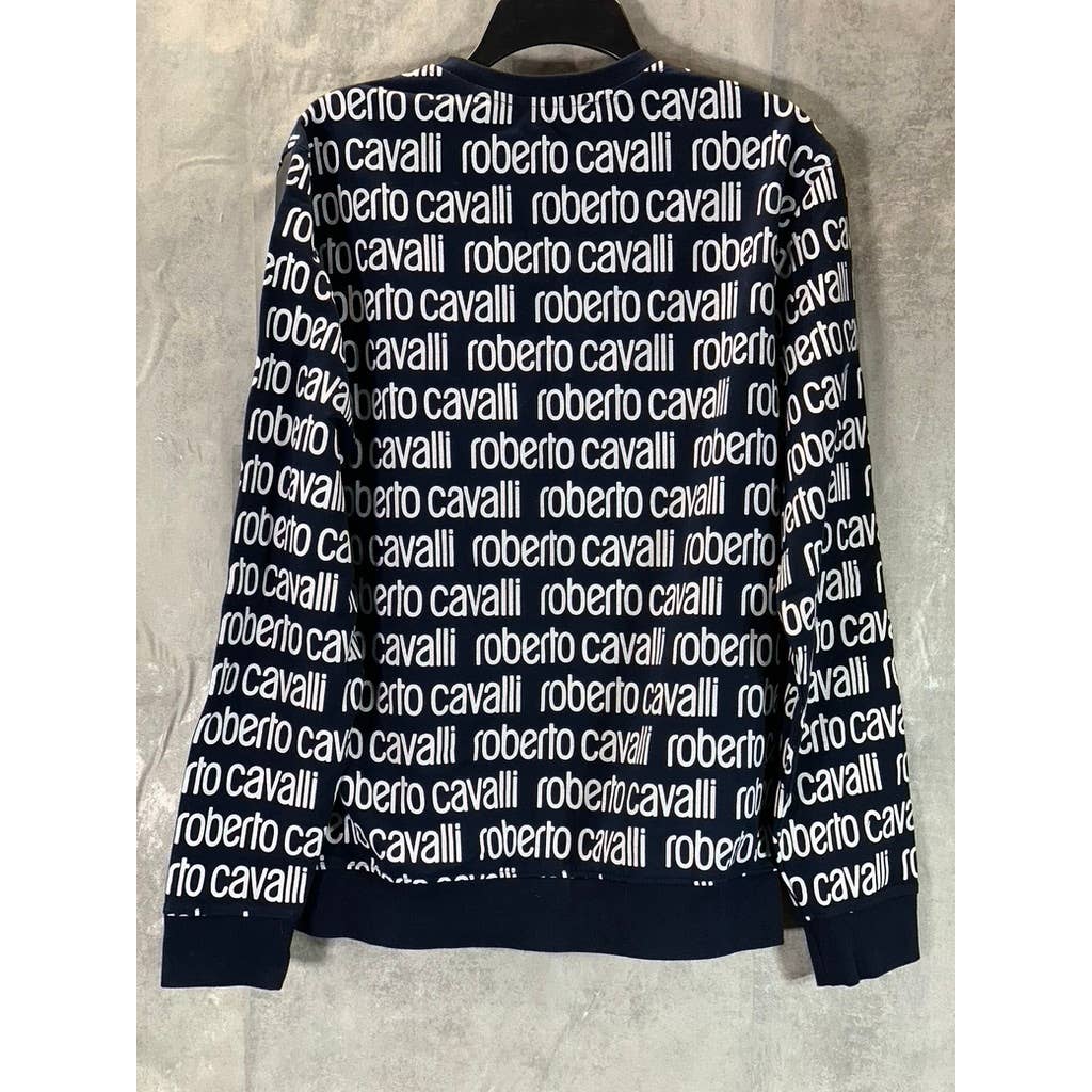 ROBERTO CAVALLI Men's Navy Logo Print Allover Crewneck Pullover Sweatshirt SZ M