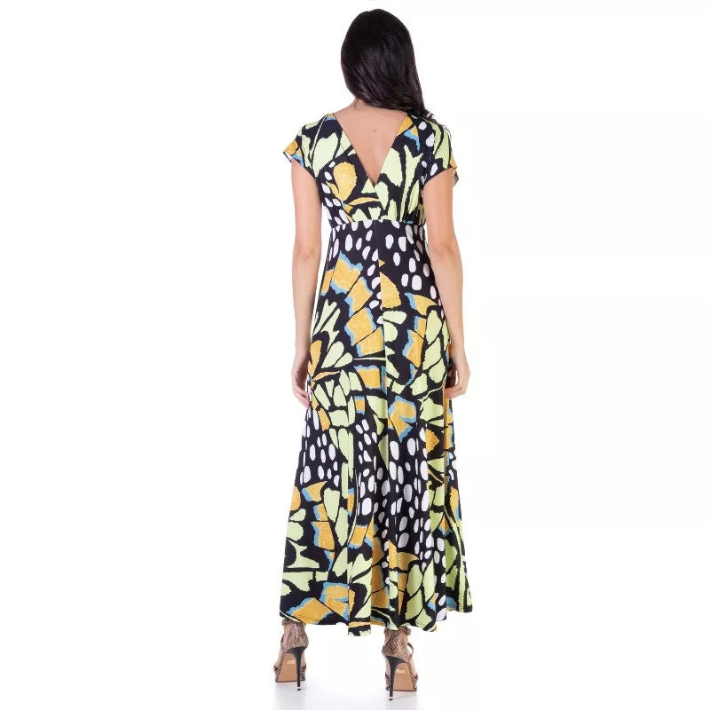 24SEVEN Comfort Apparel Women's Green Print Butterfly V-Neck Cap Sleeve Dress
