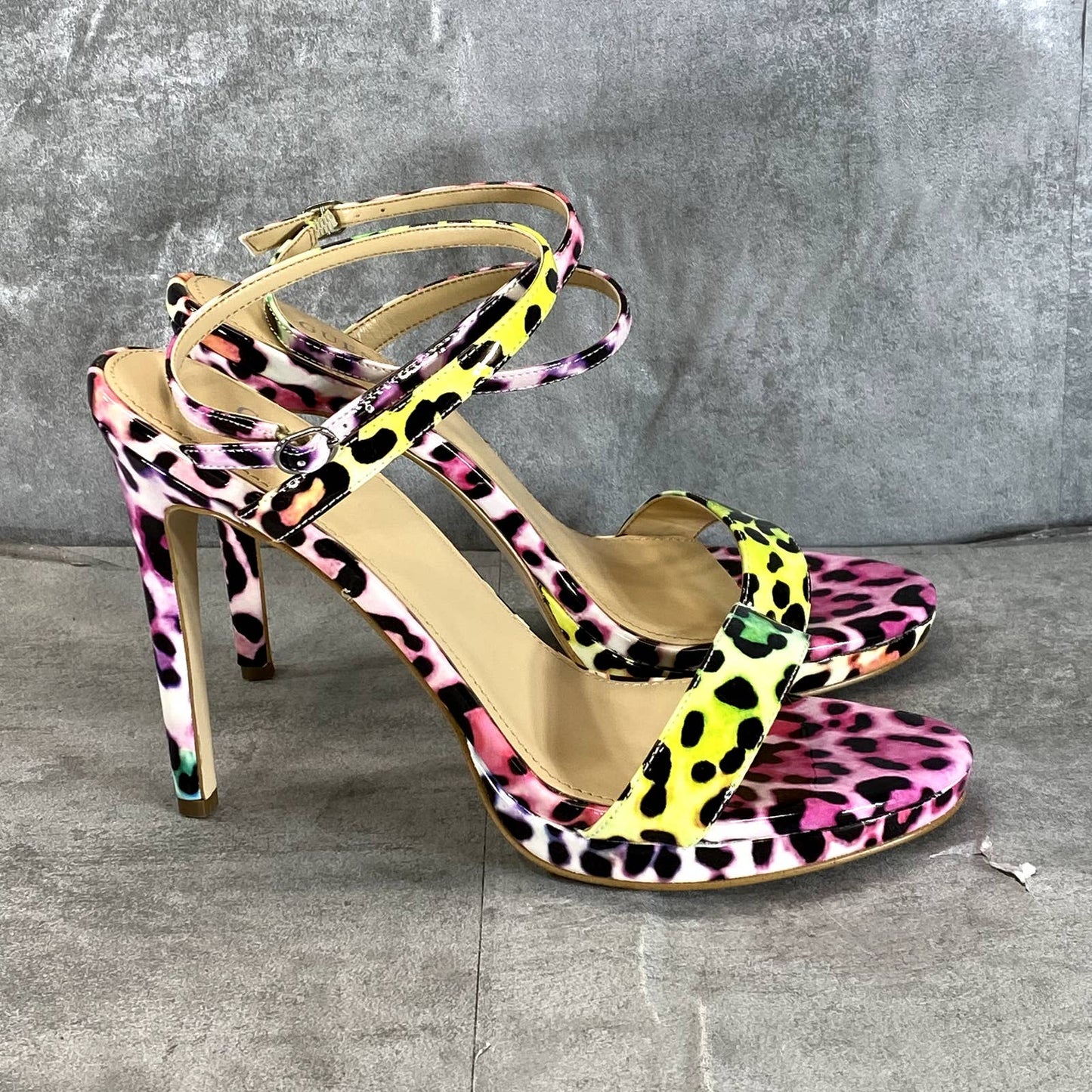GUESS Women's Multicolor Cheetah Print Tarena Ankle-Strap Stiletto Sandals SZ9.5