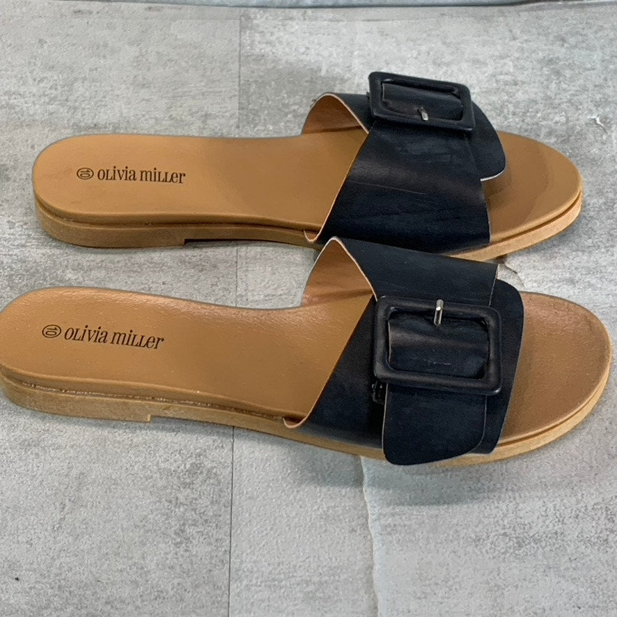 OLIVIA MILLER Women's Black Mia Buckle Round-Toe Slide Sandals SZ 10