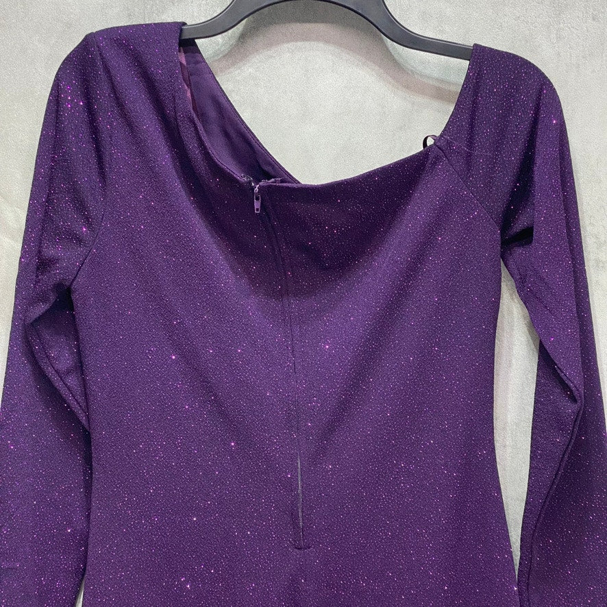 CITY STUDIO Junior's Purple Glitter Asymmetrical Long-Sleeve Cutout Bust Mini Dress SZ XL