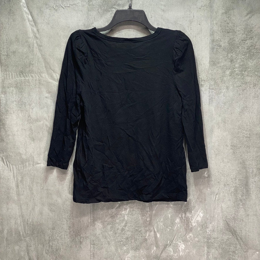 STYLE & CO Petite Solid Black 3/4 Puff-Sleeve Cotton Scoop Neck Pullover Top SZ P/M