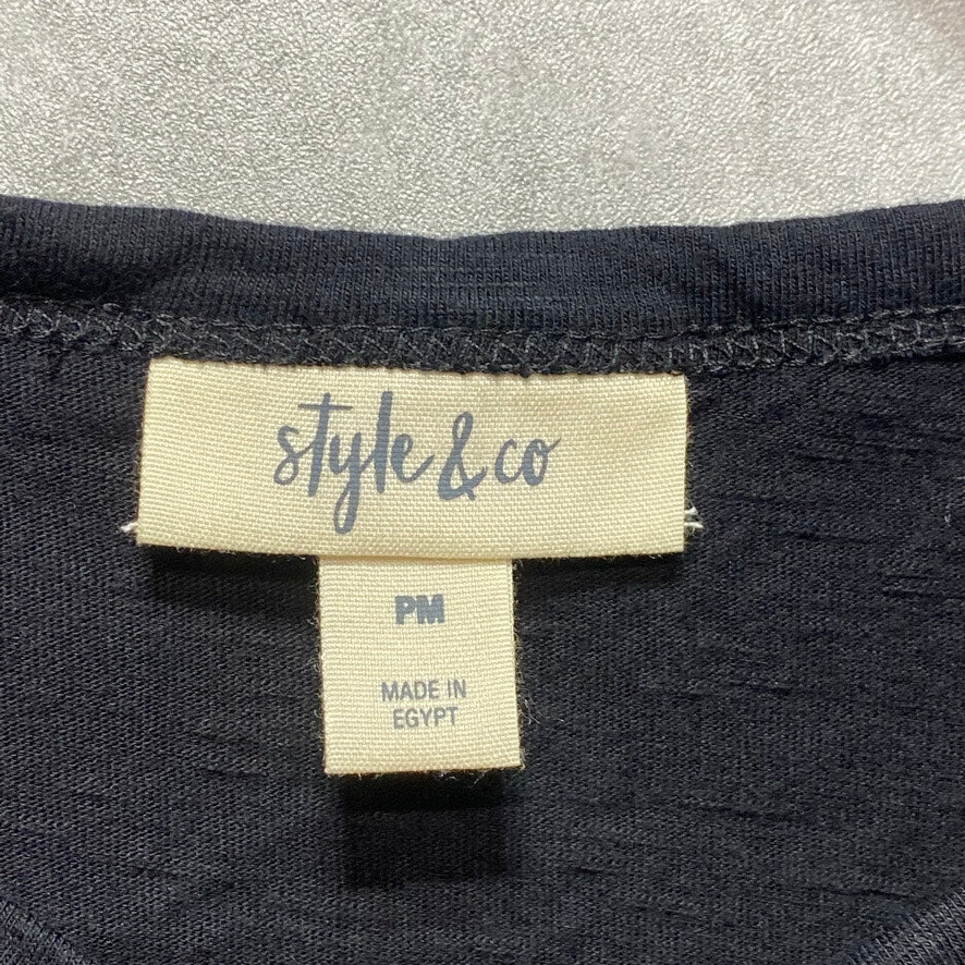 STYLE & CO Petite Solid Black 3/4 Puff-Sleeve Cotton Scoop Neck Pullover Top SZ P/M