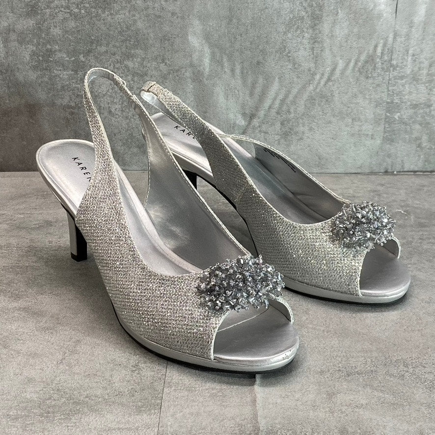 KAREN SCOTT Women's Silver Glitter Embellished Breena Peep-Toe Slingback Pumps SZ 10