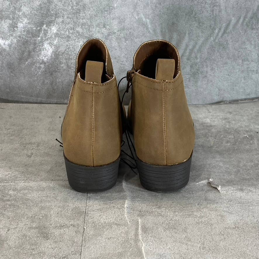 SUN+STONE Women's Tan Cadee Memory Foam Slip-On Block Heel Ankle Booties SZ 5.5