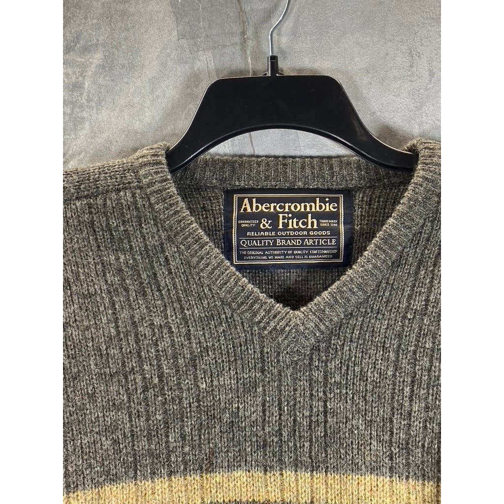 ABERCROMBIE & FITCH Men's Tan Vintage V-Neck Striped Pullover Sweater SZ L