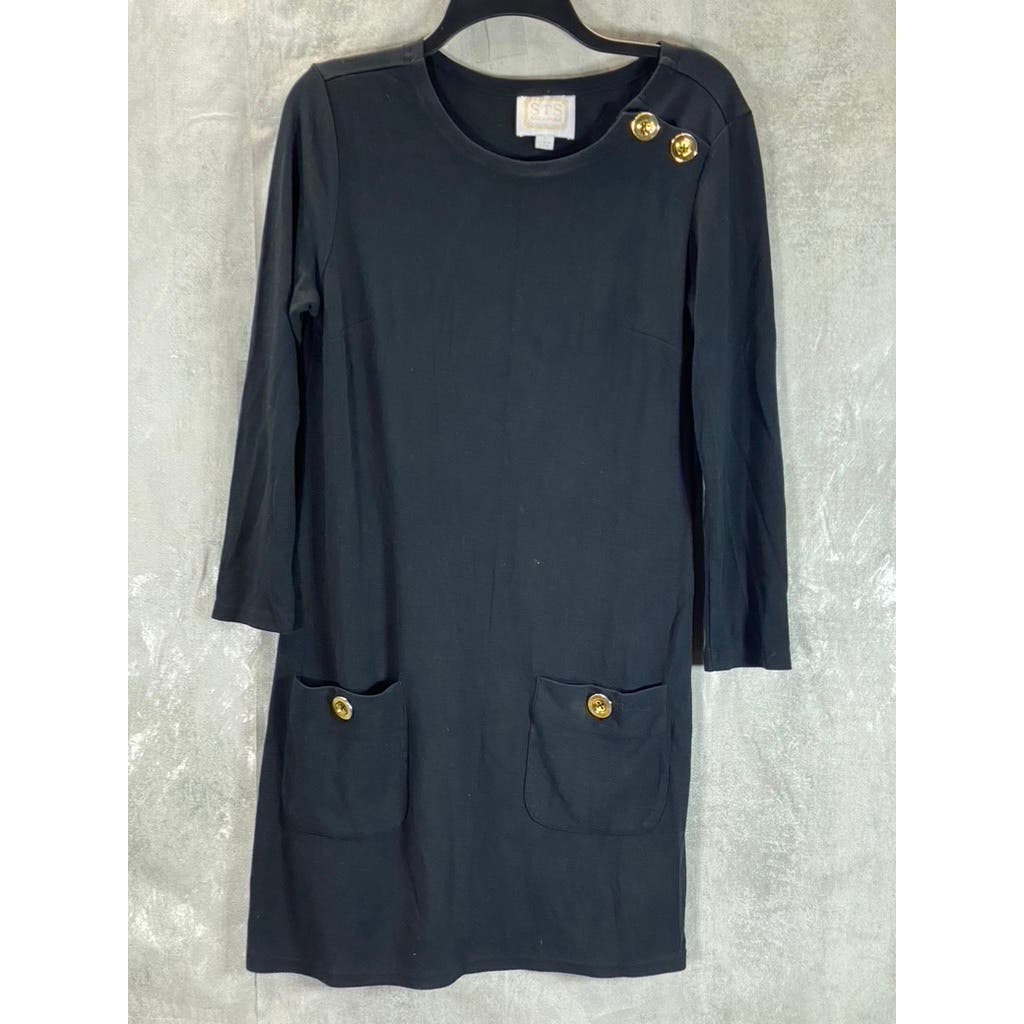 STS SAIL TO SABLE Women's Navy Crewneck Button-Shoulder Long Sleeve Dress SZ S