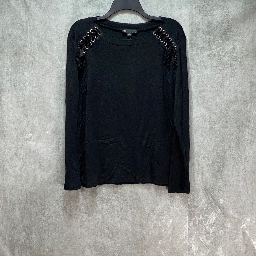 INC International Concepts Black Shoulder Lace Long Sleeve Snit Top SZ L