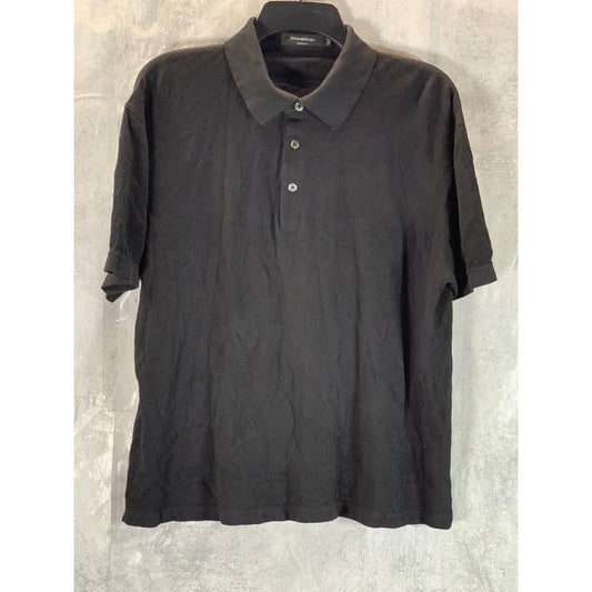 ERMENEGILDO ZEGNA Men's Black Textured Silk Blend Short-Sleeve Polo Shirt SZ L