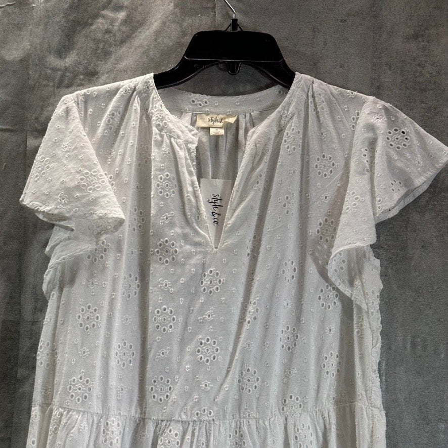 STYLE & CO Women's Bright White Flutter-Sleeve Eyelet Tiered Mini Dress SZ M