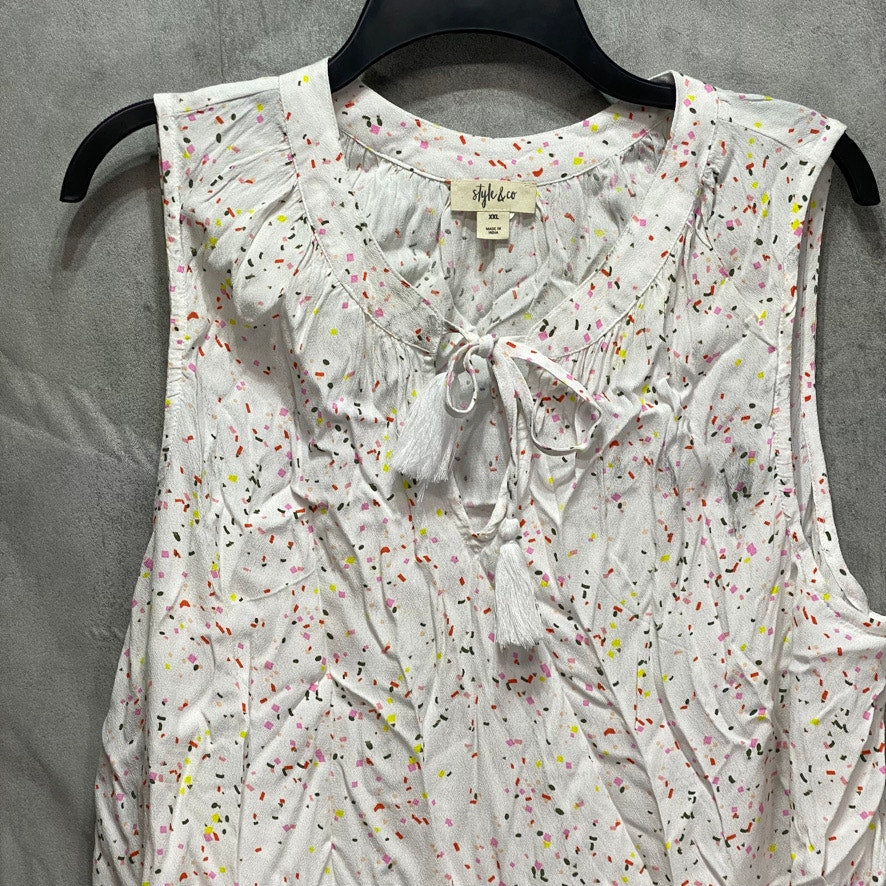 STYLE & CO White Confetti-Print Split-Neck Tassel Tank Top SZ 2XL