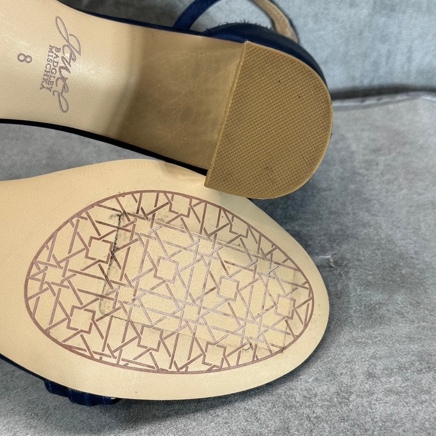 JEWEL BADGLEY MISCHKA Women's Navy Satin Ramsay Rhinestone Evening Sandals SZ 8