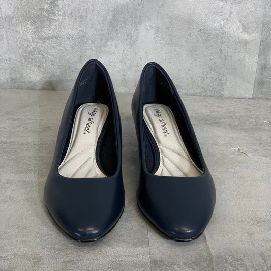 EASY STREET Narrow Width Navy Prim Slip-On Almond-Toe Block Heel Pumps SZ 8N