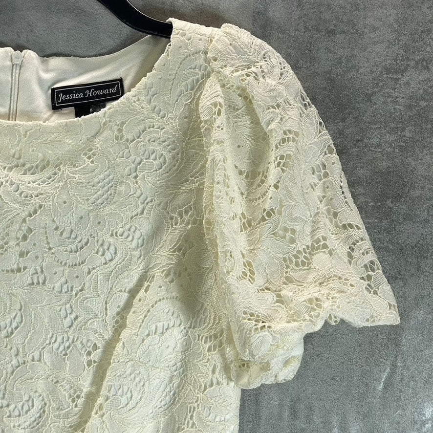 JESSICA HOWARD Women's Off-White Lace Scalloped Puff-Sleeve Mini Shift Dress SZ8