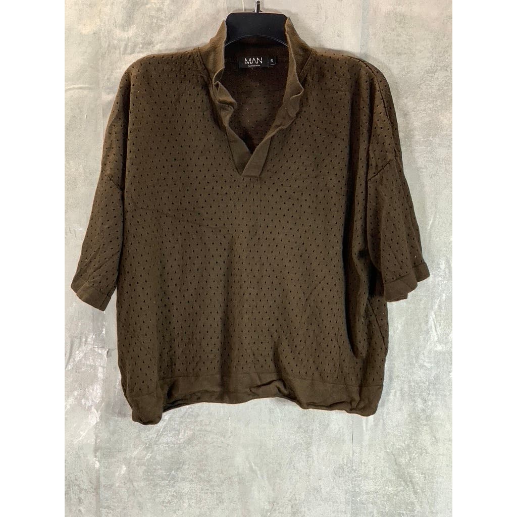 MAN BOOHOOMAN Men's Brown Open Stitch Short Sleeve Shirt SZ S