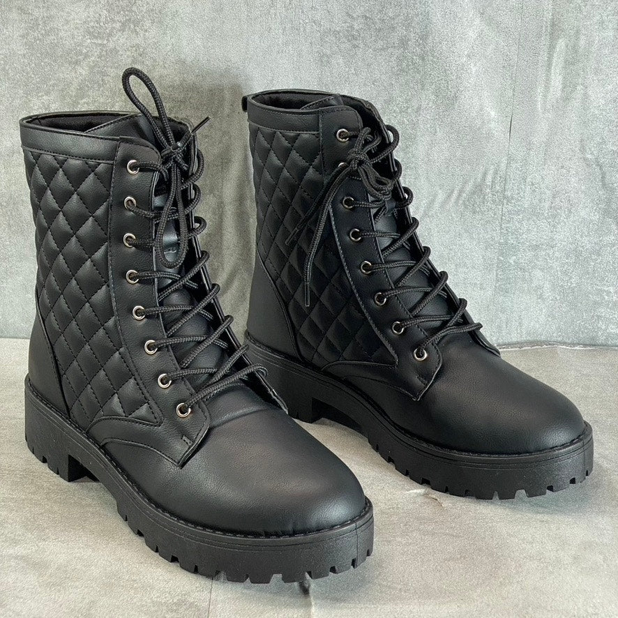 OLIVIA MILLER Women's Black Alexandria Quilted Lug Sole Lace-Up Combat Boots