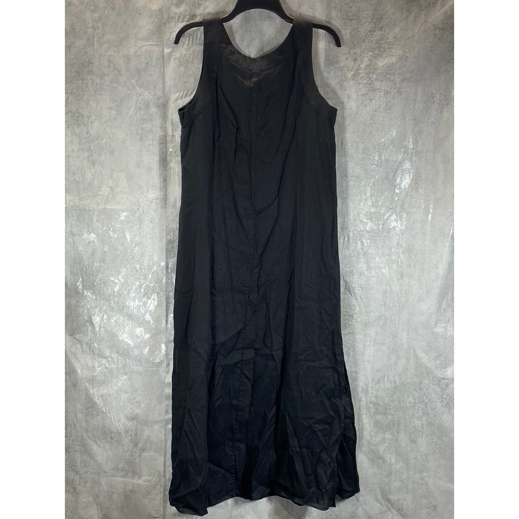 DKNY Women's Solid Black Linen V-Neck Side-Slit Lightweight Maxi Dress SZ S