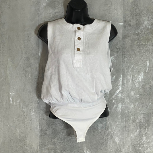 FREE PEOPLE White Textured Peek Aye Dropped Armhole Thong Snap Closure Bodysuit SZ XS