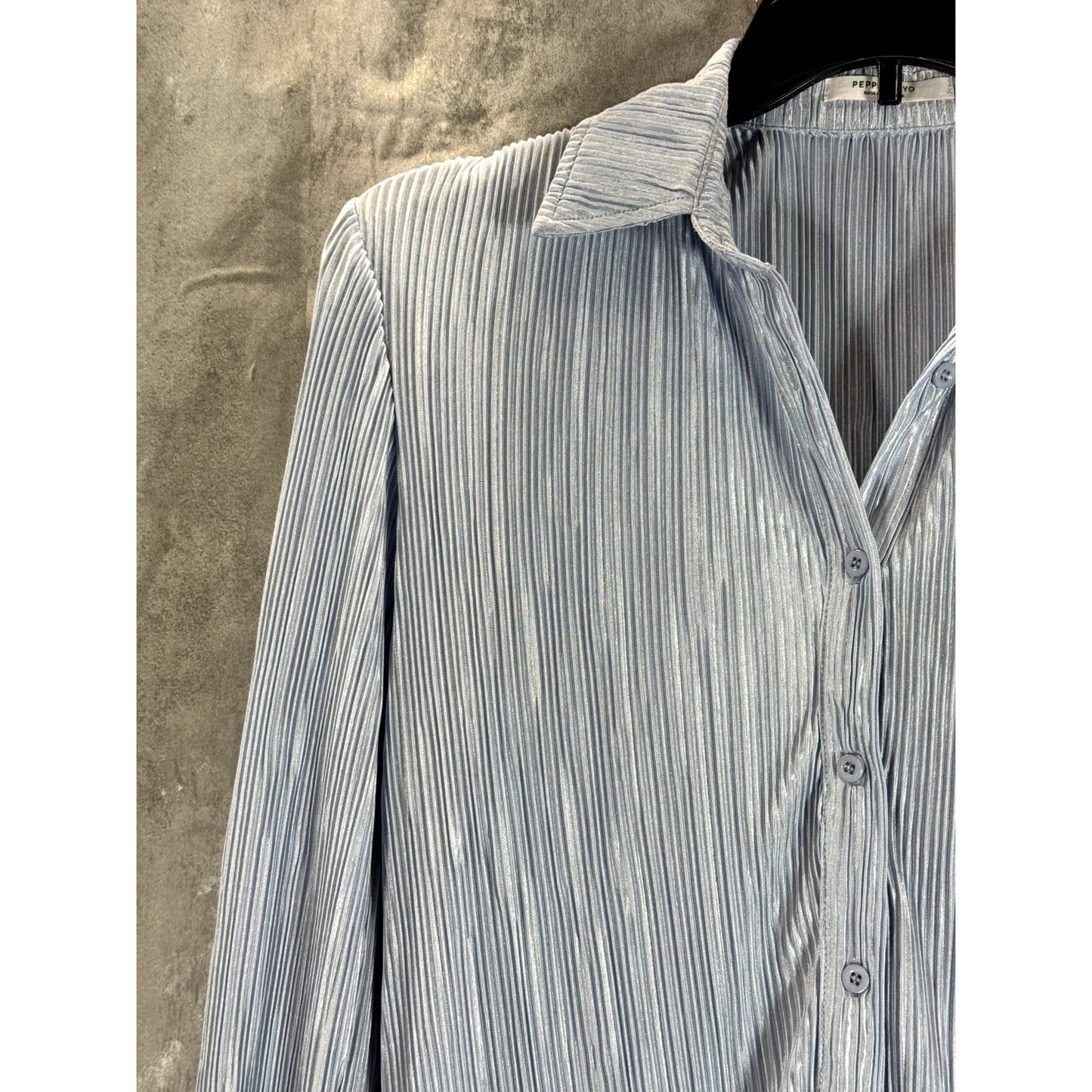 PEPPERMAYO Women's Baby Blue Plisse Soho Chic Long Sleeve Mini Shirt Dress SZ 0