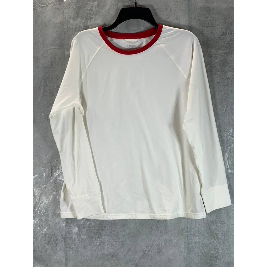 LANDS' END Women's White/Red Trim Crewneck Lounge Long-Sleeve Top SZ M