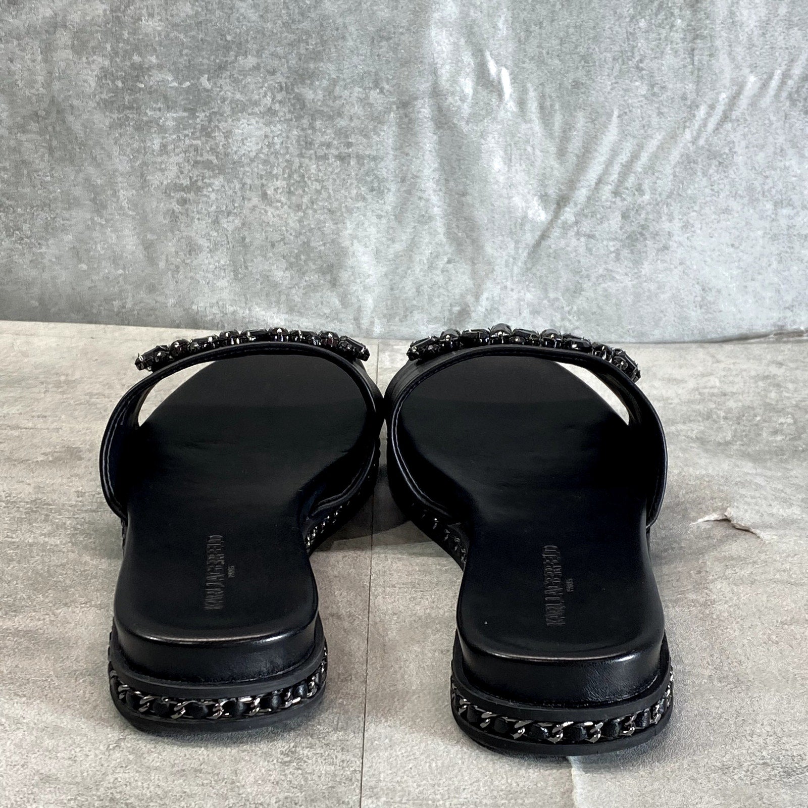 KARL LAGERFELD PARIS Women's Black Rhinestone Embellished Bijou Slide Sandals