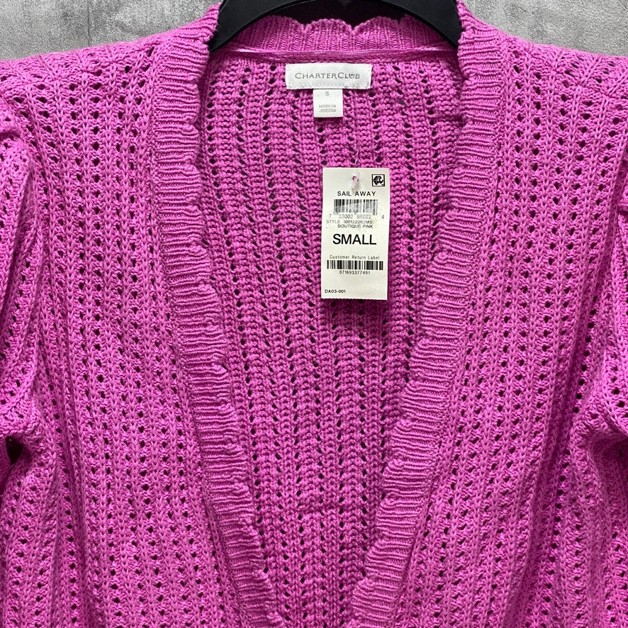 CHARTER CLUB Boutique Pink Open-Knit Scalloped-Trim Long Sleeve Cardigan SZ S